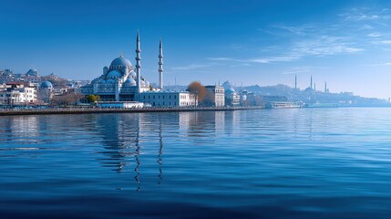 Fototapeta premium Serene View of Historic Waterfront with Mosque Reflection and Scenic Skyline at Dawn