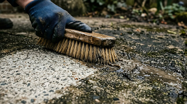 Hand holding a brush cleaning surface.
