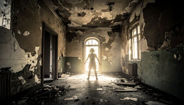 Distressed room with peeling paint and debris, person silhouetted in doorway, sunlight
