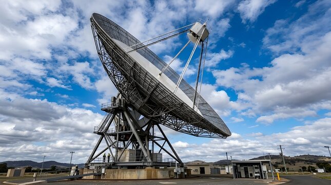 Large radio telescope with a metallic parabolic structure pointing towards the sky, concept of deep space exploration, astronomical research, and satellite communication technology.