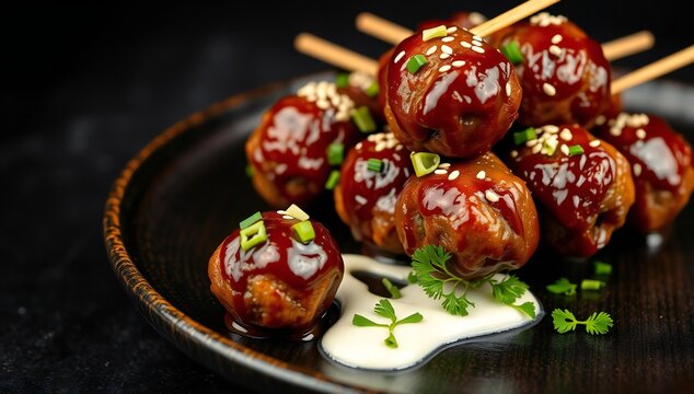 Grilled meatballs skewered with herbs on a rustic platter garnished with fresh greens