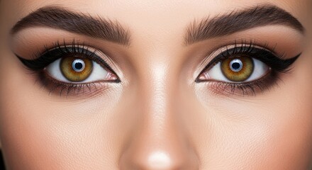 Obraz premium Macro closeup of a beautiful woman's green eye featuring professional makeup and long eyelashes on healthy skin