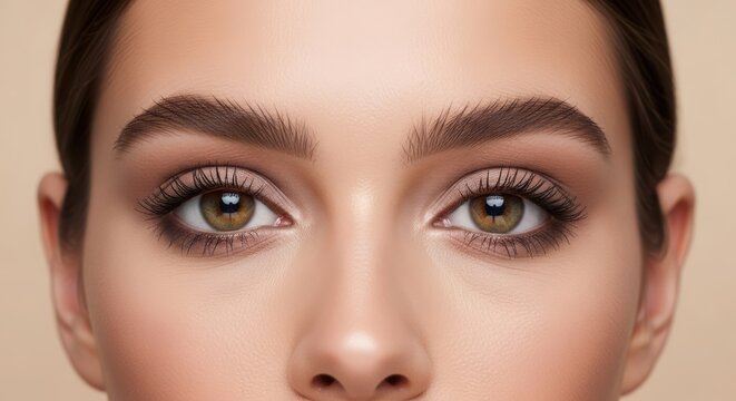 Macro close-up of a fashion model with green eyes and glamorous makeup featuring long eyelashes and defined eyebrows