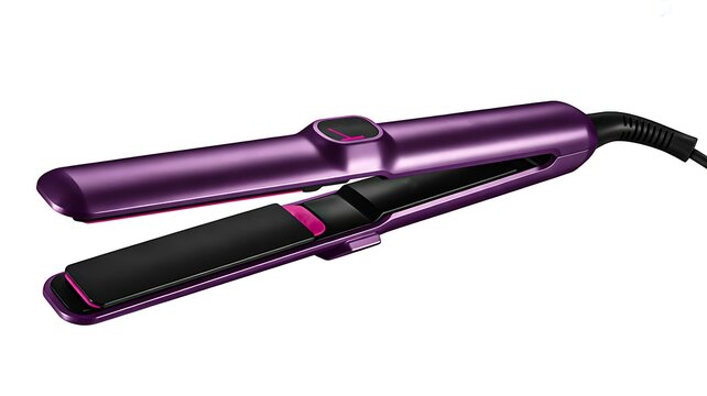 Purple hair straightener flat iron isolated on white background for beauty styling concept
