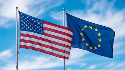 Fototapeta premium United states and european union flags waving together on poles against blue sky international relations concept 