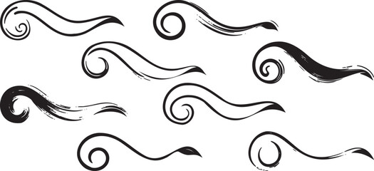 Fototapeta premium Abstract swirl brush stroke line icons set, decorative wave curves ink style flourish collection