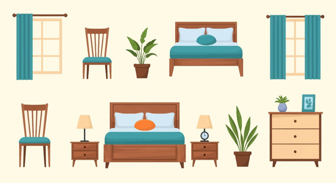 Flat vector set of bedroom furniture items including wooden double beds with teal linens, bedside tables with lamps, chairs, potted plants, windows with curtains and a wooden dresser.