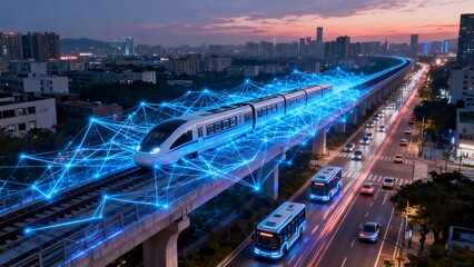 Fototapeta premium Smart city vision with high-speed rail and connected vehicles, powered by intricate digital data networks weaving through a futuristic urban environment