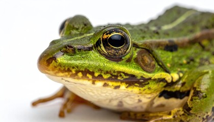 Fototapeta premium Close-up Macro Shot of a Green Frogs Head on White Background.