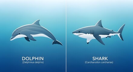 Fototapeta premium Comparison of a dolphin and a great white shark