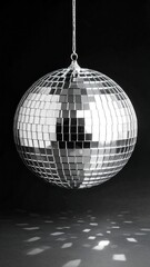 A shiny disco ball hanging from a string against a dark background