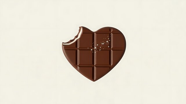 Brown heart shaped chocolate bar with a bite missing and salt on a cream background
