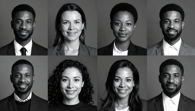 Eight diverse people show friendly faces in black and white portraits against a solid gray background