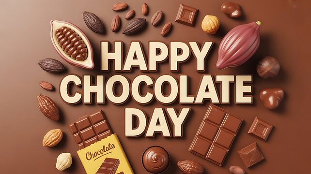 Happy Chocolate Day message with cocoa pods, beans, nuts, and chocolate bars on a warm background