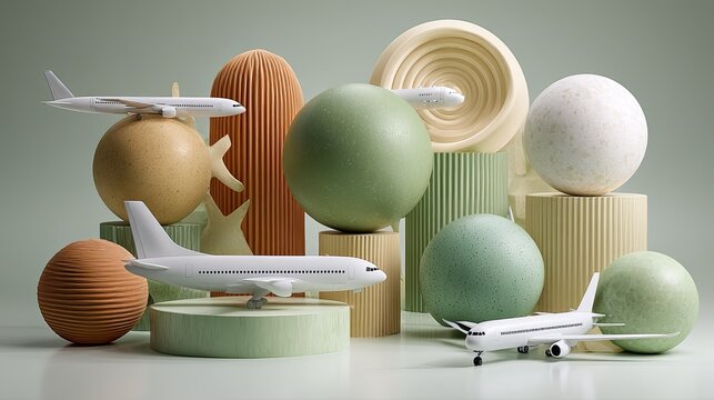 White model airplanes are displayed among various textured geometric shapes on a soft background.