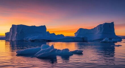 Obraz premium Majestic Icebergs Reflecting Vibrant Sunset Hues in a Serene Arctic Seascape.