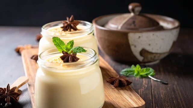 Creamy dessert jars with star anise and mint on wooden board
