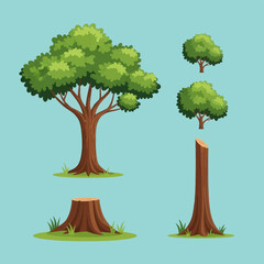 Fototapeta premium Vector cartoon style tree set with a large deciduous green tree, two small bushes, a short tree stump, and a tall trunk segment, isolated on a light blue background for game assets.