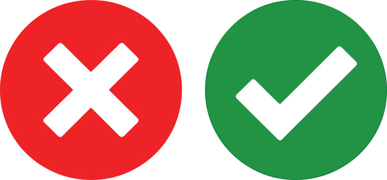 Red cross and green check mark icons set, simple flat design symbols for correct and incorrect choice