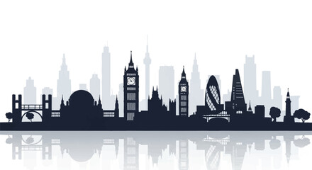 Fototapeta premium Silhouette of London England city skyline including Big Ben, Tower Bridge, St Pauls Cathedral, the Gherkin, and modern skyscrapers with water reflection on white background.
