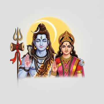 Detailed vector illustration of Lord Shiva and Goddess Parvati standing together, featuring Shiva with a trishula and snake, and Mata Parvati in a red saree and gold jewelry.