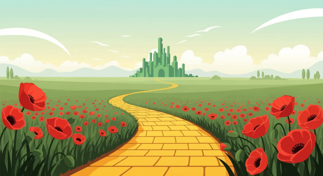 Modern flat design vector illustration featuring a winding yellow brick road path leading through a field of red poppy flowers toward a green emerald city with tall spires.