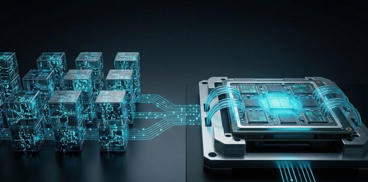 Liquid cooled ai accelerator chip linked to modular servers illustrating scalable compute architecture for cloud and datacenter performance