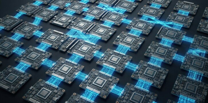 Connected processor modules exchanging data across a scalable ai compute grid for distributed semiconductor performance