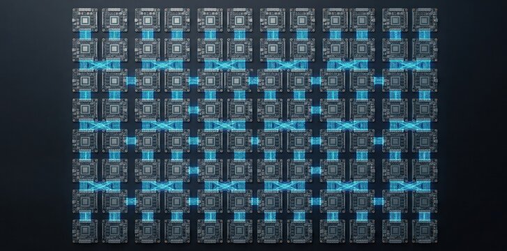 Grid of connected ai processor modules illustrating distributed compute architecture and scalable semiconductor interconnect performance