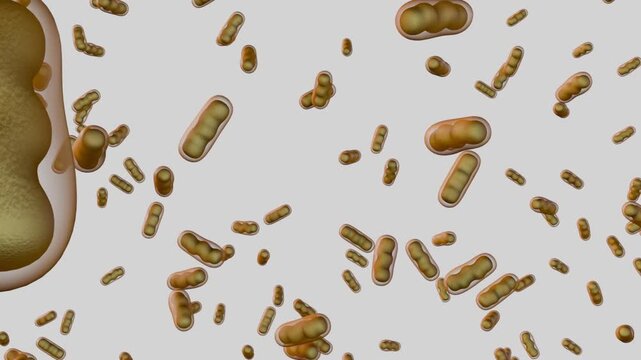 A 3d rendering of dynamic forward tracking camera plummets through a dense, zero-gravity cloud of free floating mitochondria, revealing internal cristae and membranes.