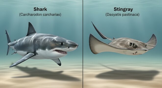 Comparison of a great white shark and a common stingray swimming underwater