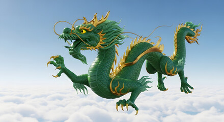 Naklejka premium Imperial Green Jade and Gold Chinese Dragon Flying in a Clear Blue Sky