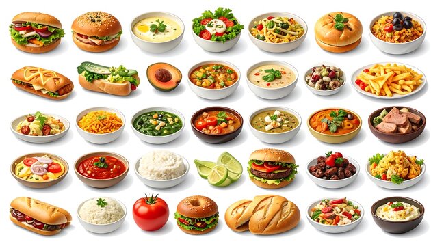Diverse array of appetizing food sandwiches, soups, salads, bowls, and sides isolated on a plain white background