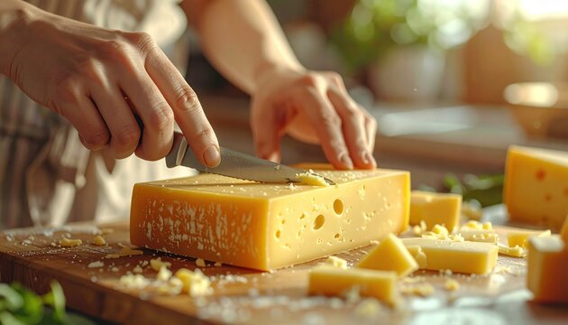 Person cutting cheese on a wooden board in kitchen.