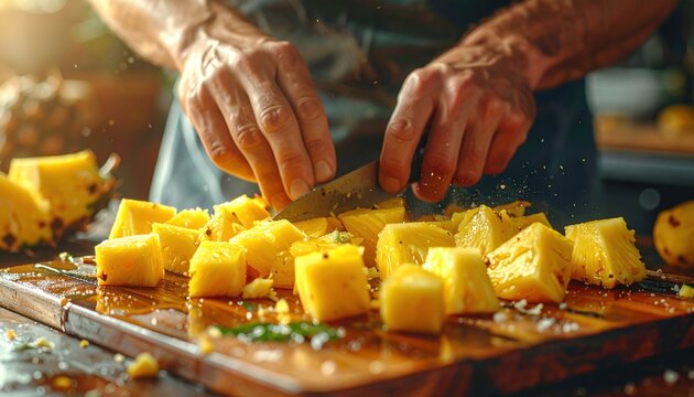 Person cutting fresh pineapple into cubes on wooden board.
