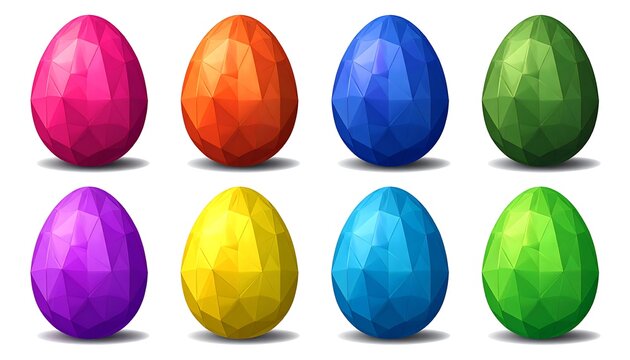 Eight polygonal Easter eggs in vibrant colors, arranged in two rows against a white background with soft drop shadows