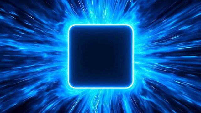 Blue neon square frame with light rays on black background