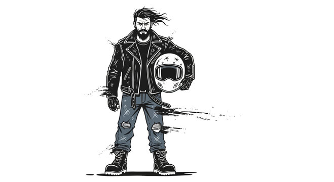 Bearded Biker Man in Leather Jacket Holding Helmet, Grunge Style