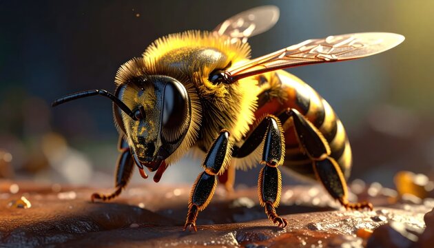 Close-up Macro Shot of a Honey Bee on a Wooden Surface.