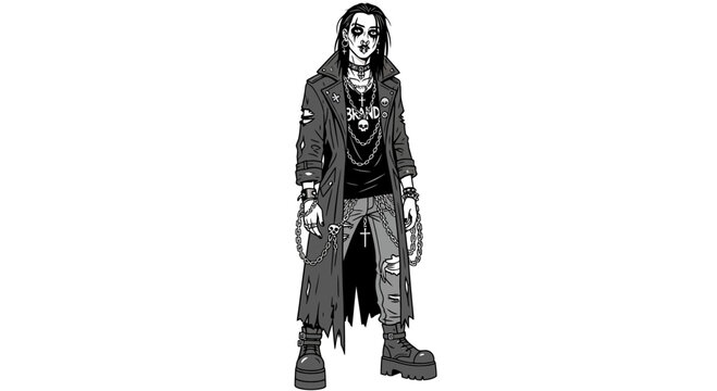 Goth Woman Standing, Dark Fashion, Punk Style, Black and White Illustration