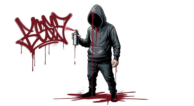 Hooded figure spraying graffiti in red paint, isolated on white background