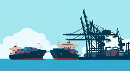 Fototapeta premium Stylized vector illustration of a commercial maritime port featuring two container ships loaded with colorful cargo vessels moored near silhouetted industrial gantry cranes under a clear sky.