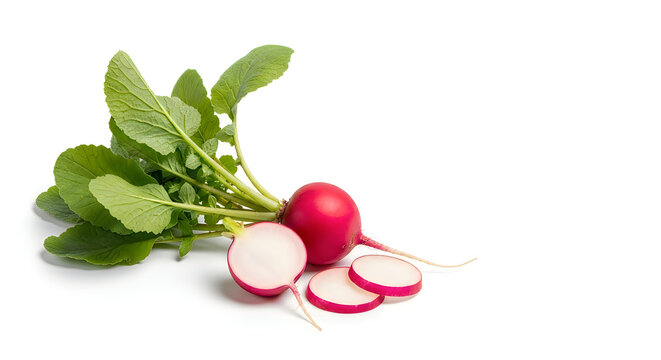 Fresh radish with green leaves and sliced cross-section on a plain background