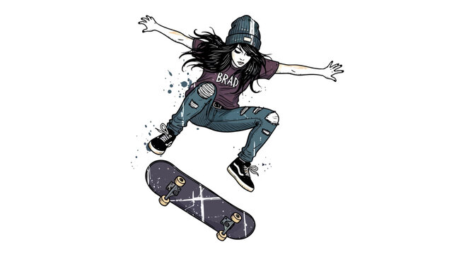 Skater girl performing trick on skateboard, dynamic action shot