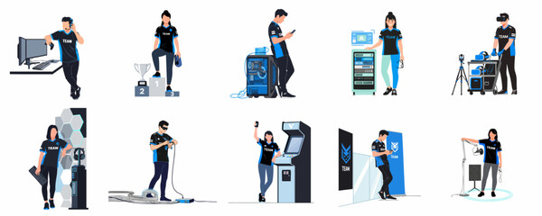 Fototapeta premium Collection of flat vector illustrations featuring professional esports players and gaming technology personnel in various competitive and technical scenarios.