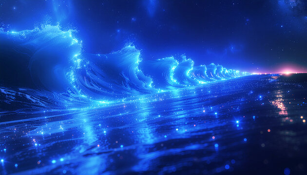 光る波が続く幻想的な夜の海と星空風景