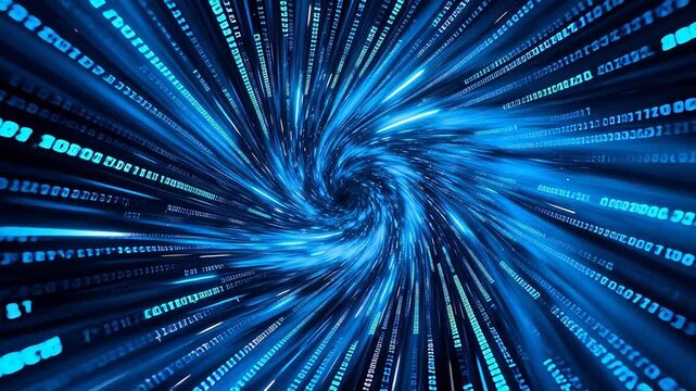 Swirling data vortex with blue green binary code and digital light
