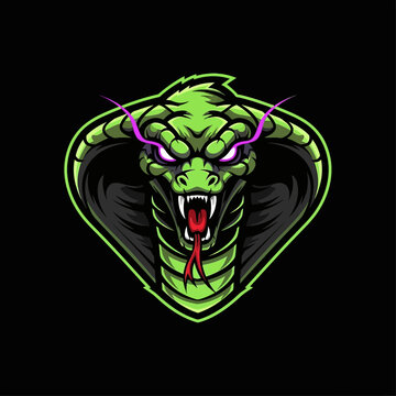 Green snake head logo with purple eyes and red tongue on black background