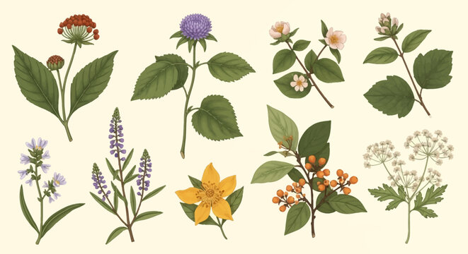 Collection of vintage botanical illustrations featuring detailed medicinal herbs, wildflowers, purple thistles, orange berries, yellow blossoms, and umbels on a beige background.
