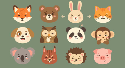 Obraz premium Cute Animal Faces Collection: Fox, Bear, Rabbit, Cat, Dog, Owl, Panda, Monkey, Koala, Squirrel, Hedgehog, Pig